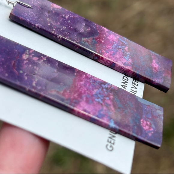 Navajo Crafted Purple Mojave Slab Dangle Earrings - Picture 6 of 15